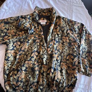 Vintage STUNT SPORTS Women's Jacket  S 100% Silk Front Zip/Buttons Leaves